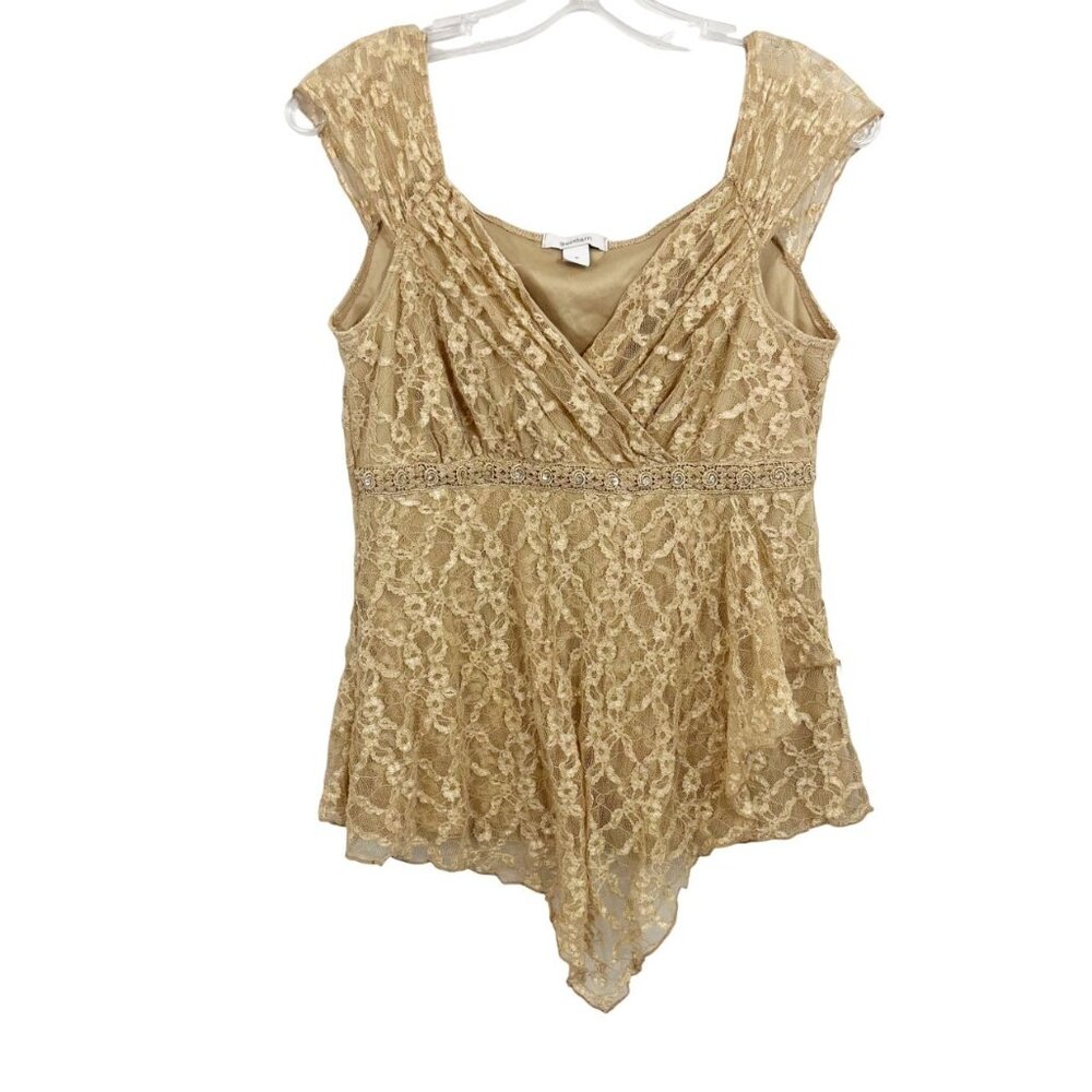 Vintage Tan Lace Asymmetrical Hem Tank Top Empire Waist Fairy Size Medium